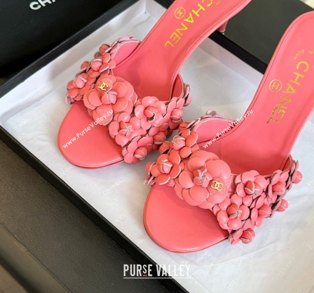 Chanel Lambskin Heel Slides Sandal 8cm with Bloom Pink 2024 0701 (MD-2407022)