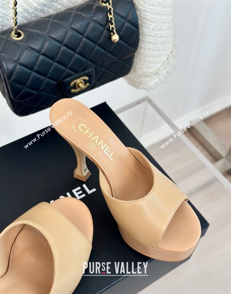 Chanel Lambskin Platform Slides Sandal 9.5cm Beige 2024 0701 (MD-2407003)