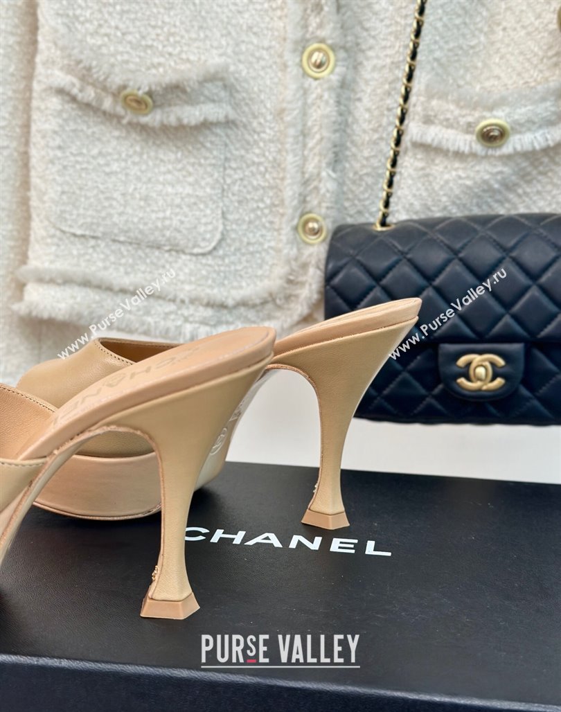 Chanel Lambskin Platform Slides Sandal 9.5cm Beige 2024 0701 (MD-2407003)