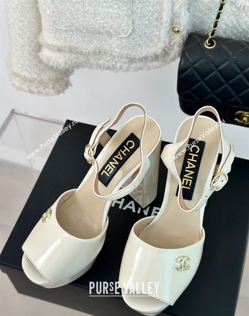 Chanel Patent Calfskin Platform High Heel Sandals 11.5cm Cream White 2024 0701 (MD-2407029)