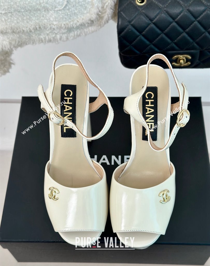 Chanel Patent Calfskin Platform High Heel Sandals 11.5cm Cream White 2024 0701 (MD-2407029)