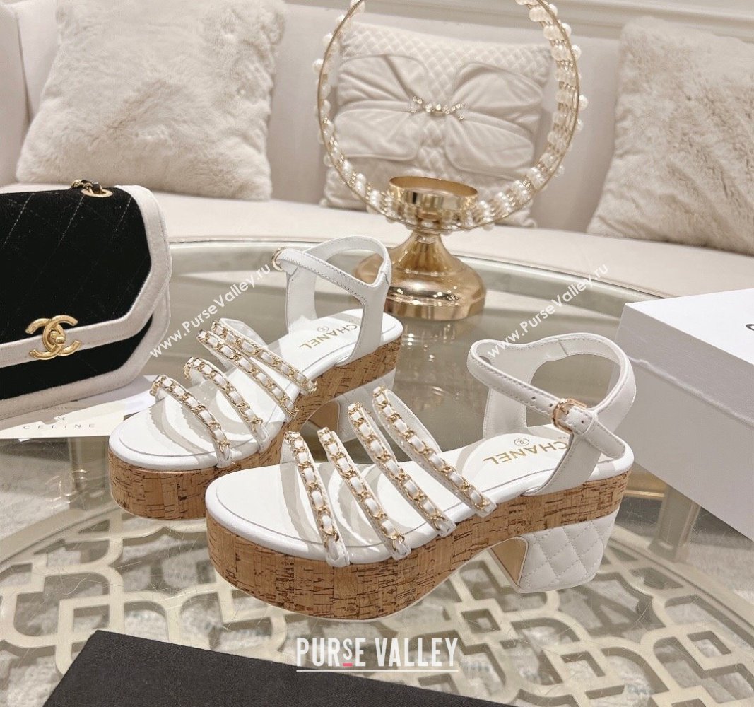 Chanel Calfskin Platform Heel Sandals 7.5cm with Chain White 2024 0701 (MD-2407030)