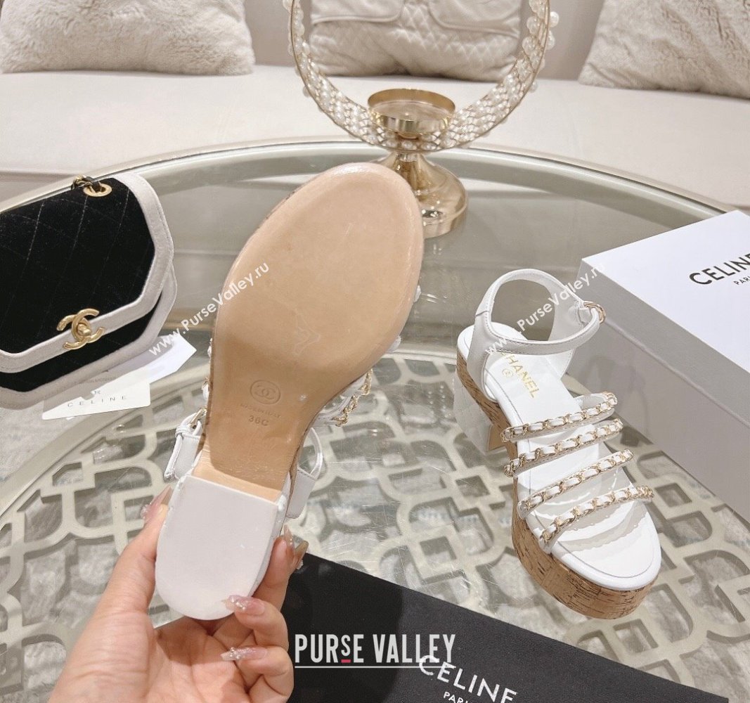 Chanel Calfskin Platform Heel Sandals 7.5cm with Chain White 2024 0701 (MD-2407030)