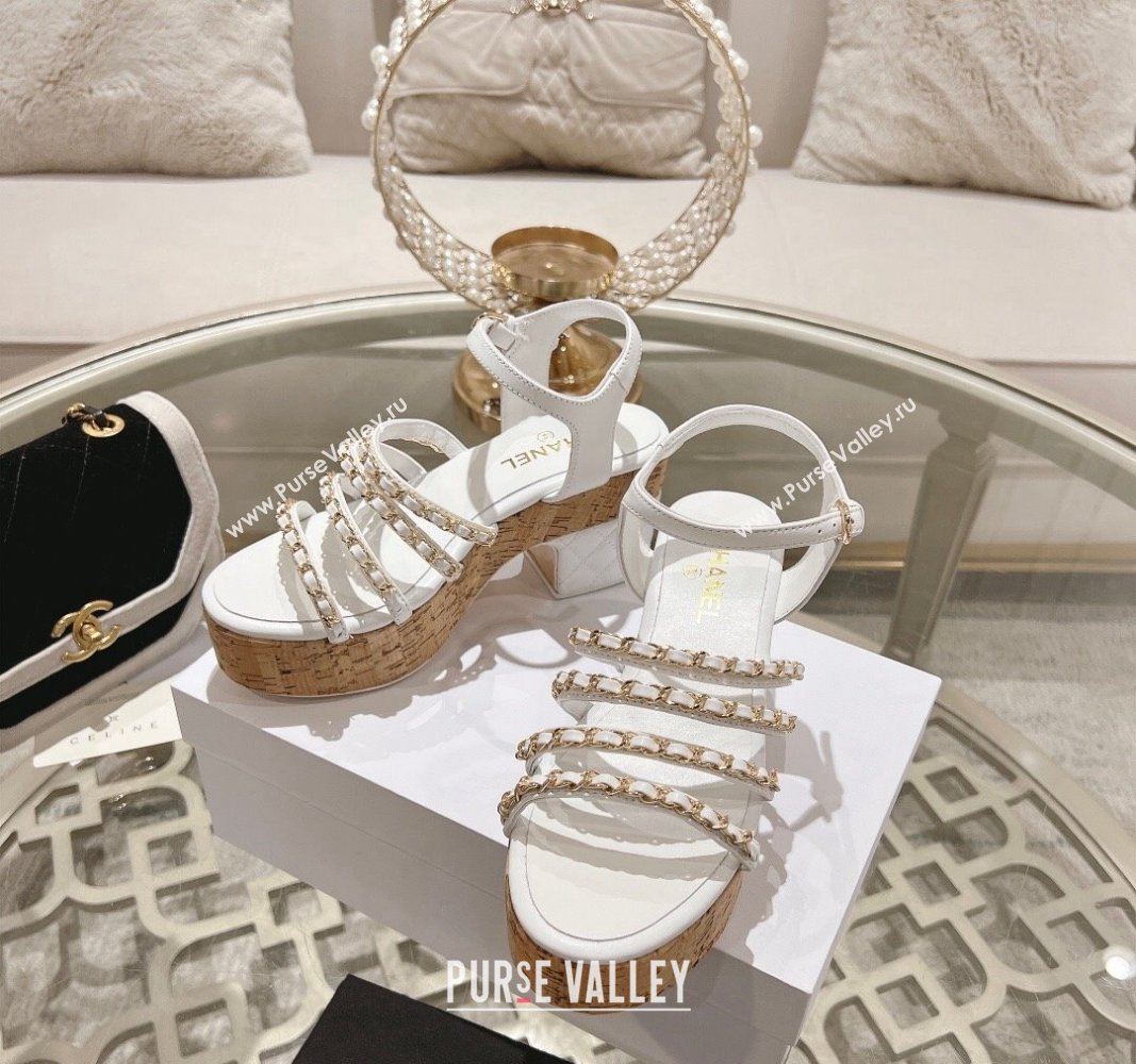 Chanel Calfskin Platform Heel Sandals 7.5cm with Chain White 2024 0701 (MD-2407030)