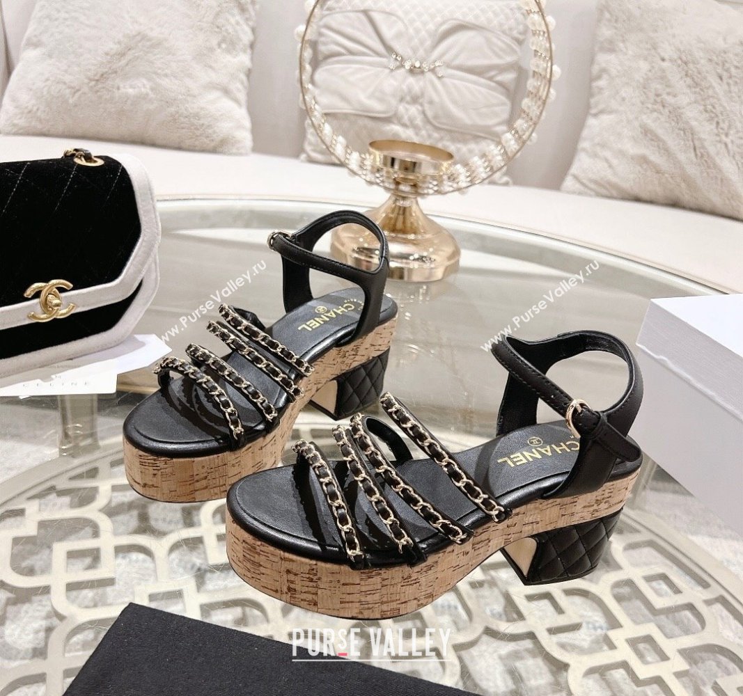 Chanel Calfskin Platform Heel Sandals 7.5cm with Chain Black 2024 0701 (MD-2407031)