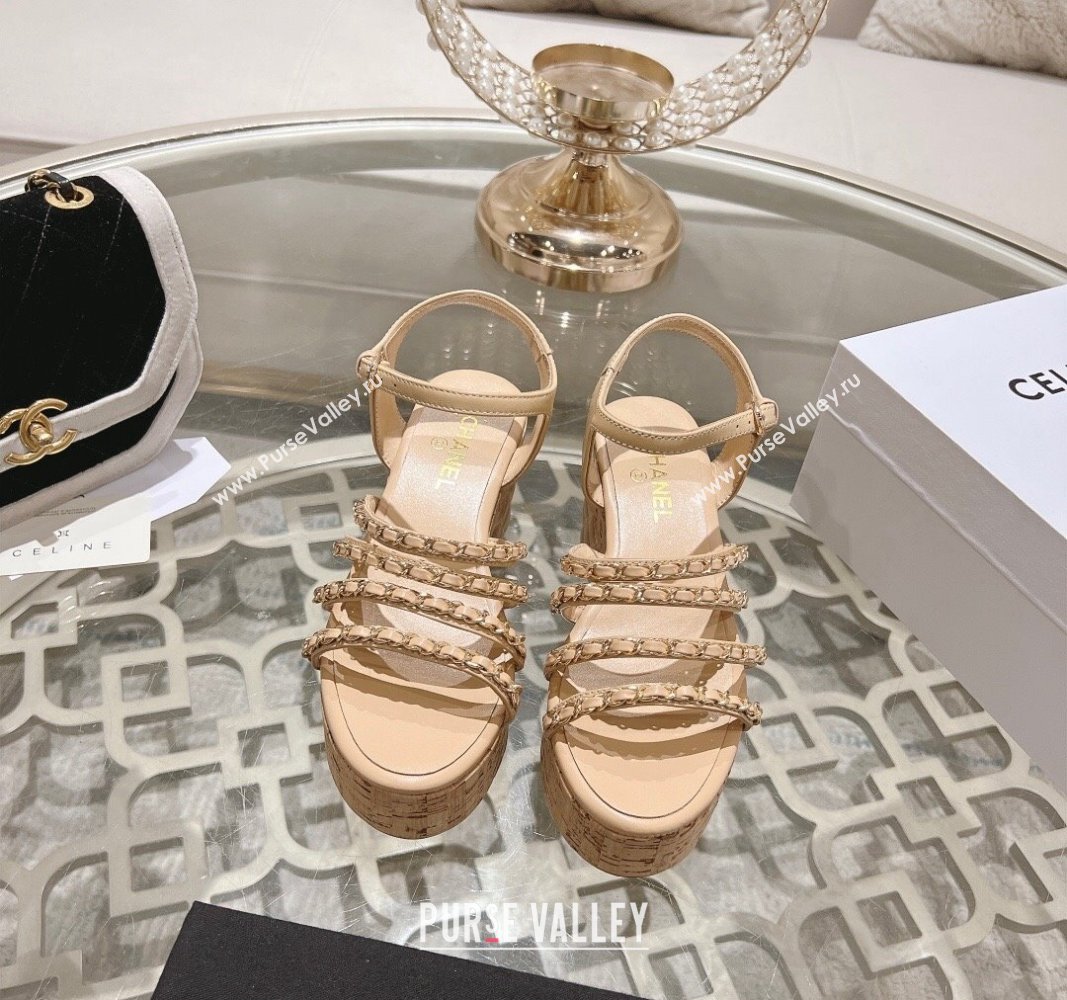 Chanel Calfskin Platform Heel Sandals 7.5cm with Chain Beige 2024 0701 (MD-2407032)