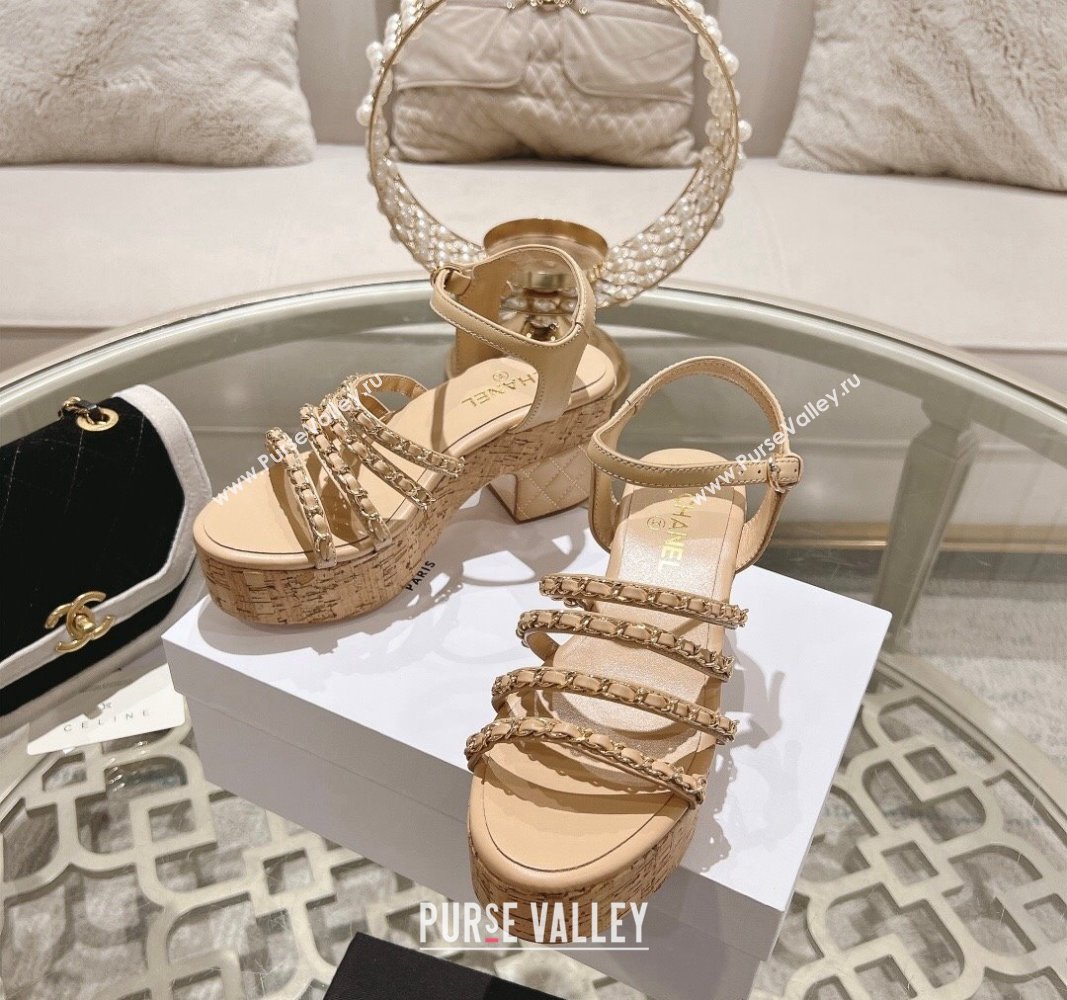 Chanel Calfskin Platform Heel Sandals 7.5cm with Chain Beige 2024 0701 (MD-2407032)