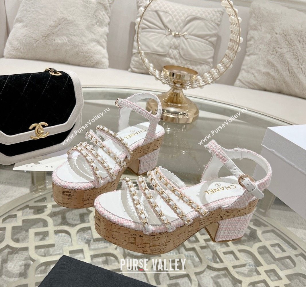 Chanel Tweed Platform Heel Sandals 7.5cm with Chain Light Pink 2024 0701 (MD-2407033)