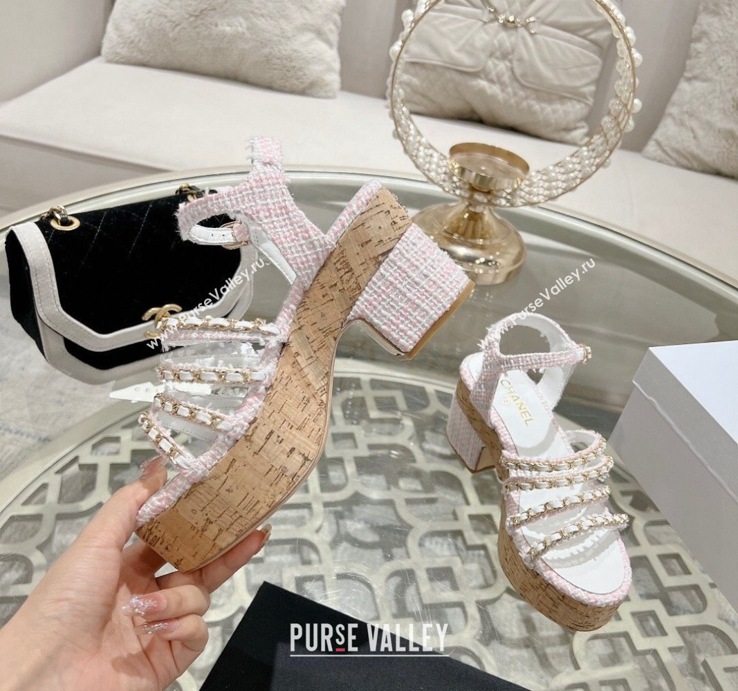 Chanel Tweed Platform Heel Sandals 7.5cm with Chain Light Pink 2024 0701 (MD-2407033)