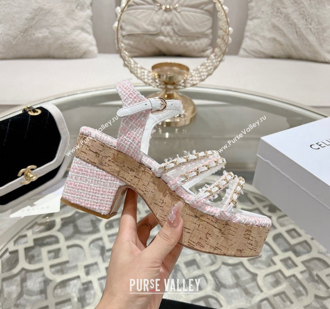 Chanel Tweed Platform Heel Sandals 7.5cm with Chain Light Pink 2024 0701 (MD-2407033)