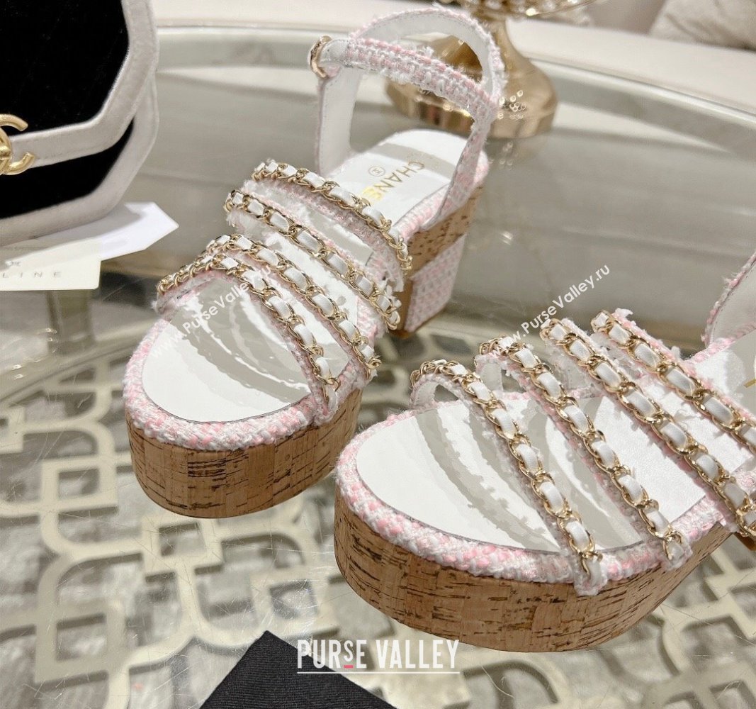 Chanel Tweed Platform Heel Sandals 7.5cm with Chain Light Pink 2024 0701 (MD-2407033)