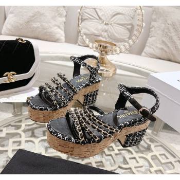 Chanel Tweed Platform Heel Sandals 7.5cm with Chain Black 2024 0701 (MD-2407034)