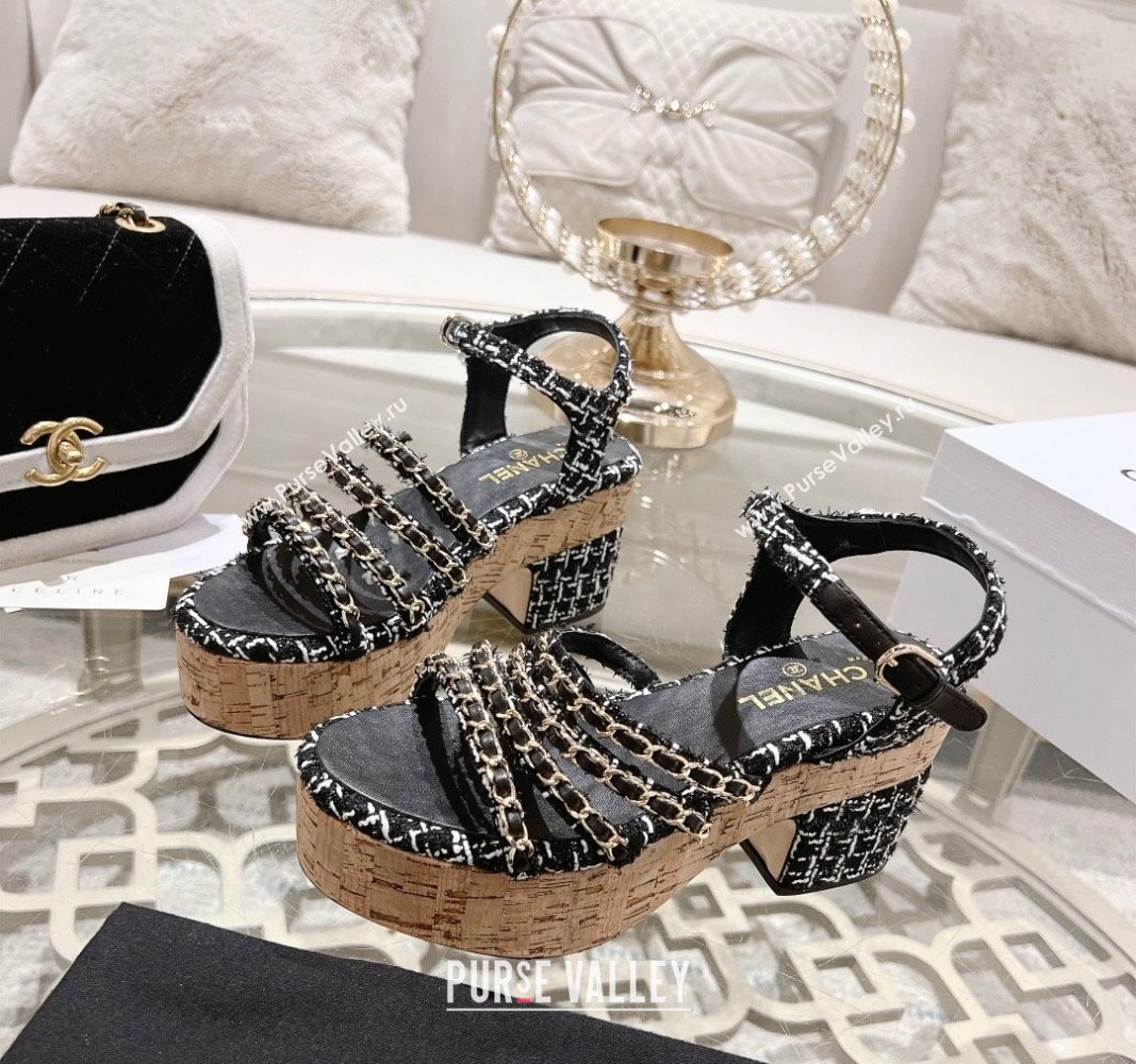 Chanel Tweed Platform Heel Sandals 7.5cm with Chain Black 2024 0701 (MD-2407034)