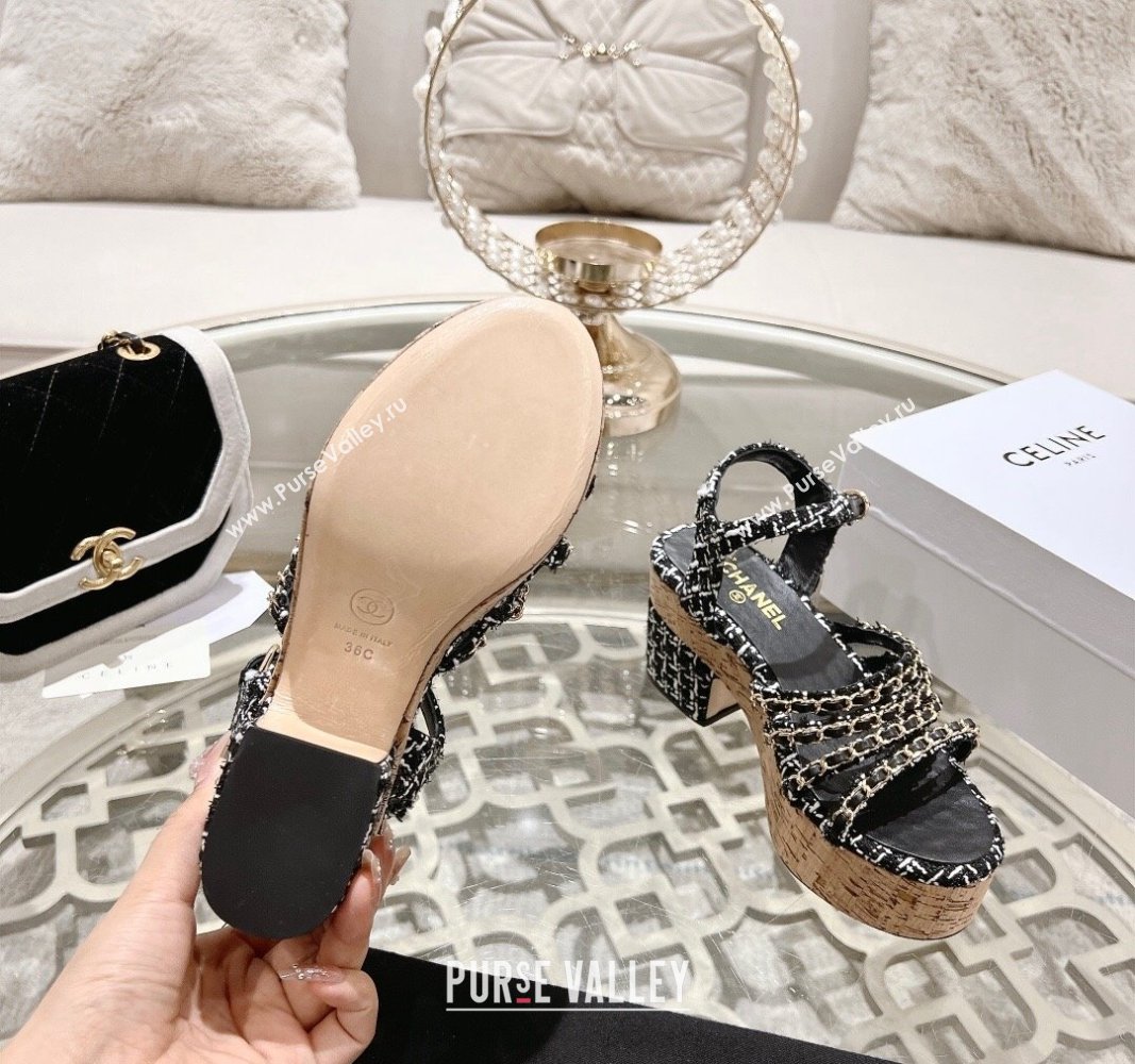 Chanel Tweed Platform Heel Sandals 7.5cm with Chain Black 2024 0701 (MD-2407034)