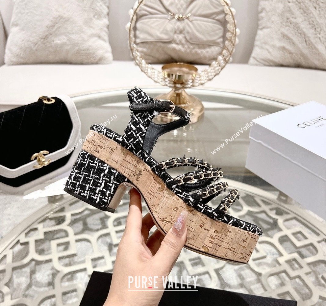 Chanel Tweed Platform Heel Sandals 7.5cm with Chain Black 2024 0701 (MD-2407034)