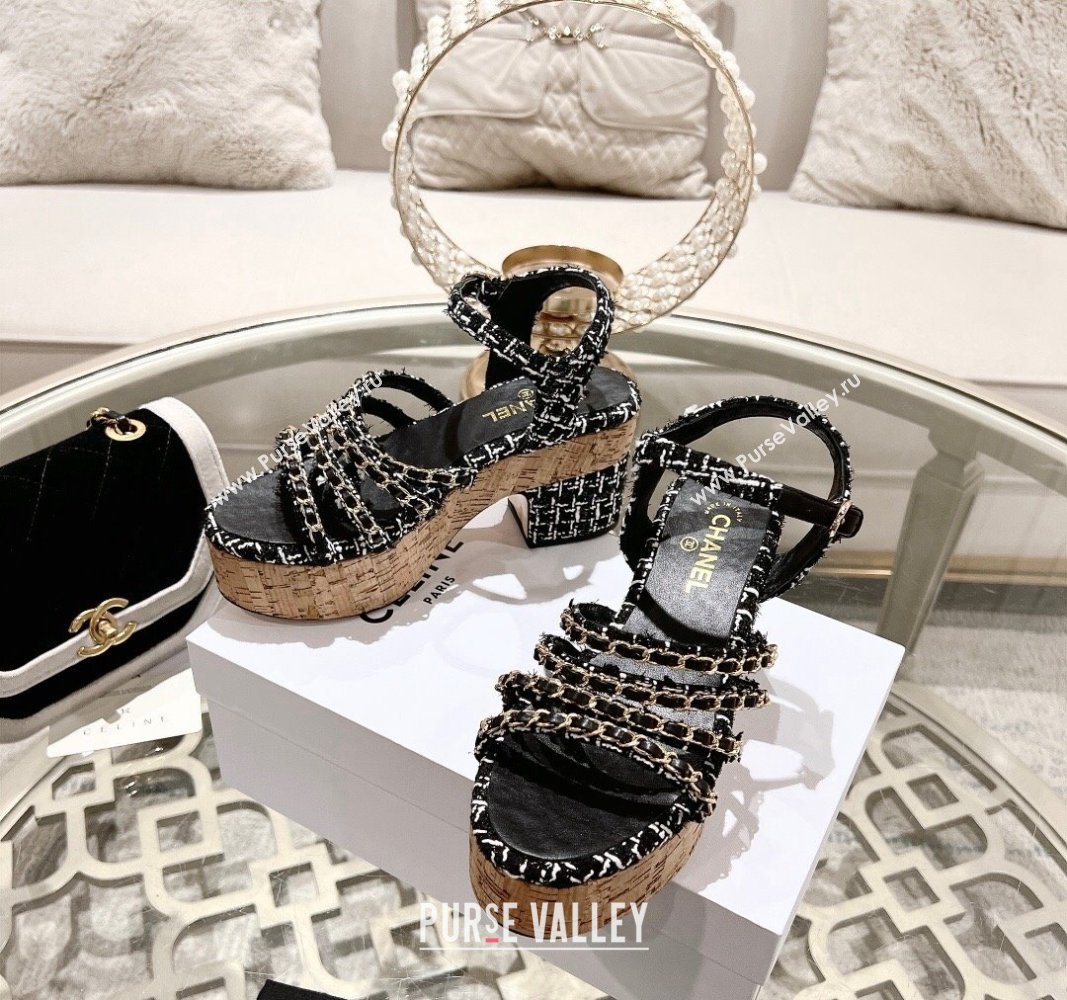 Chanel Tweed Platform Heel Sandals 7.5cm with Chain Black 2024 0701 (MD-2407034)