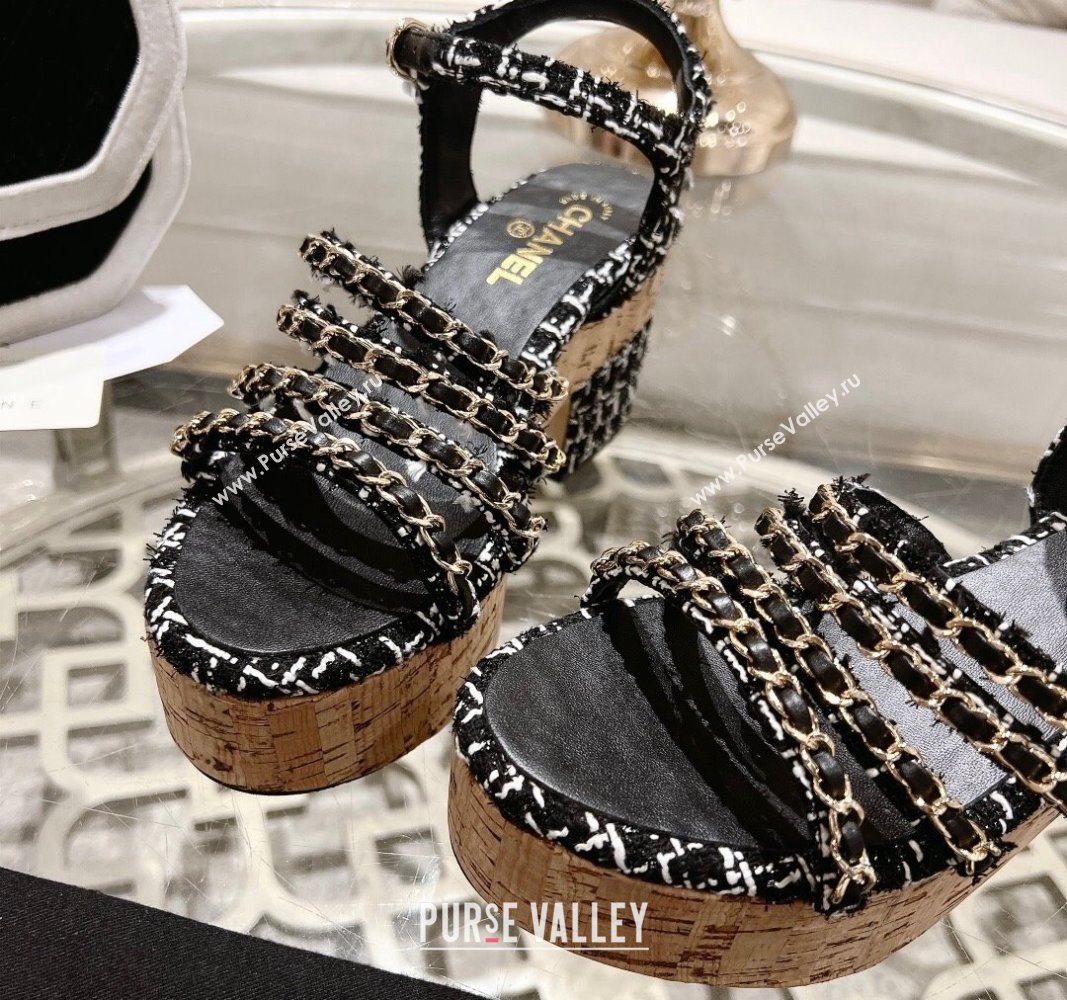 Chanel Tweed Platform Heel Sandals 7.5cm with Chain Black 2024 0701 (MD-2407034)