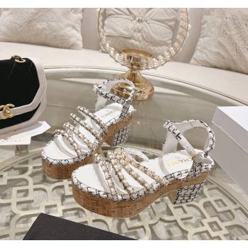Chanel Tweed Platform Heel Sandals 7.5cm with Chain White 2024 0701 (MD-2407035)