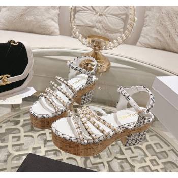 Chanel Tweed Platform Heel Sandals 7.5cm with Chain White 2024 0701 (MD-2407035)