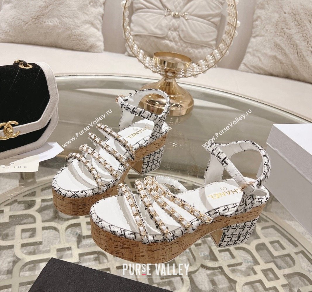 Chanel Tweed Platform Heel Sandals 7.5cm with Chain White 2024 0701 (MD-2407035)