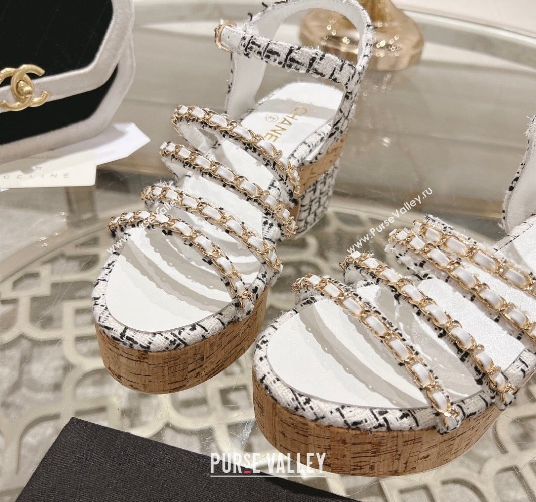 Chanel Tweed Platform Heel Sandals 7.5cm with Chain White 2024 0701 (MD-2407035)