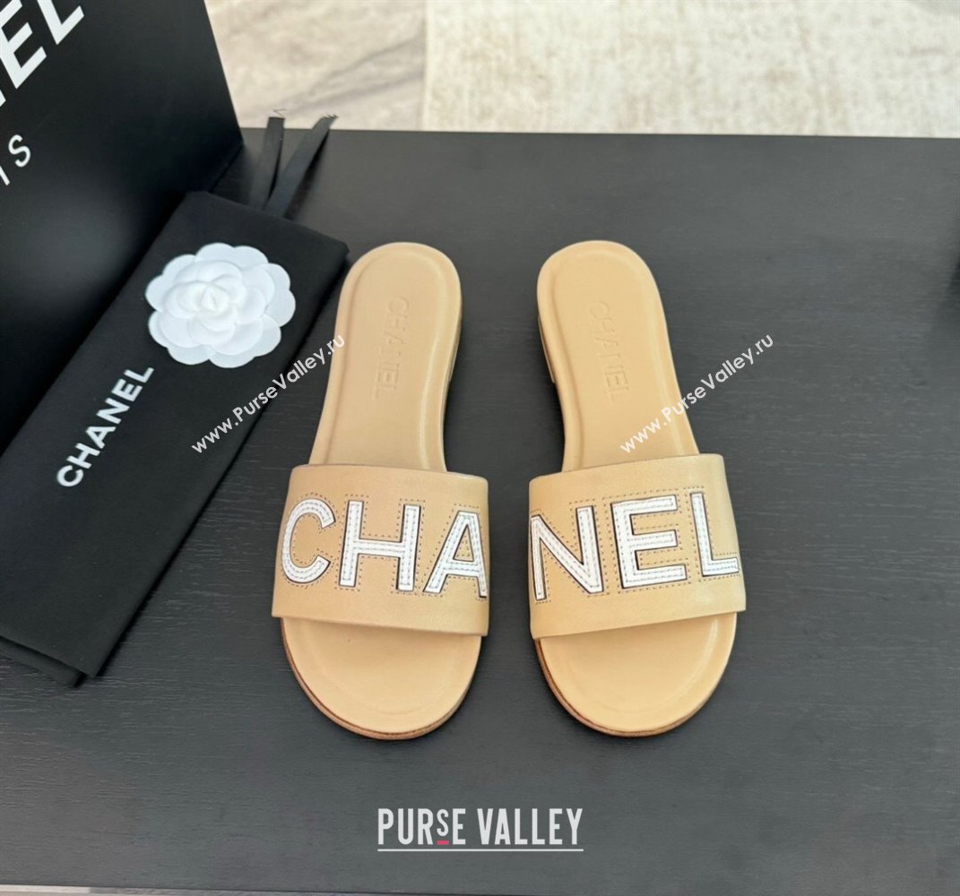 Chanel Calfskin Patent Flat Slides Sandal Beige 2024 0701 (SS-240701038)