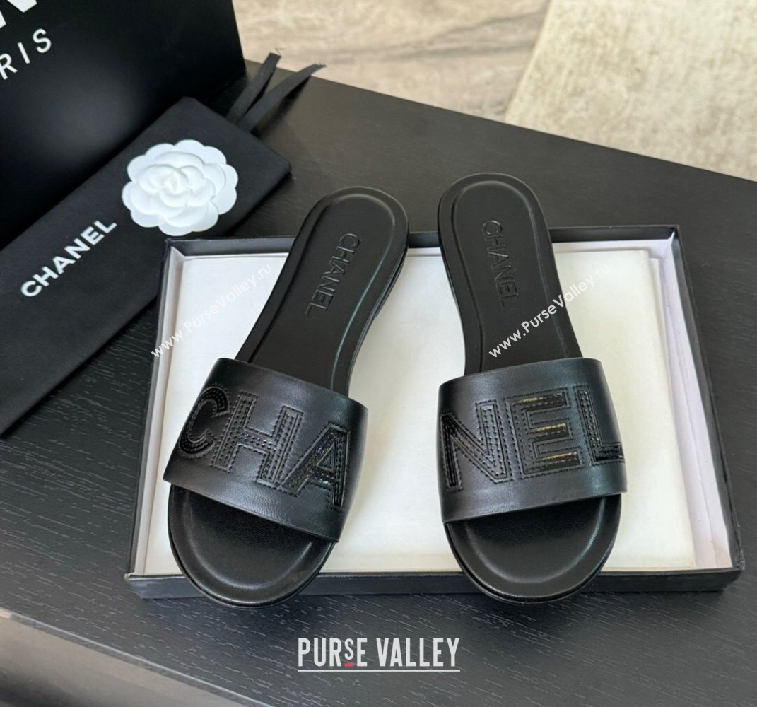 Chanel Calfskin Patent Flat Slides Sandal Black 2024 0701 (SS-240701039)