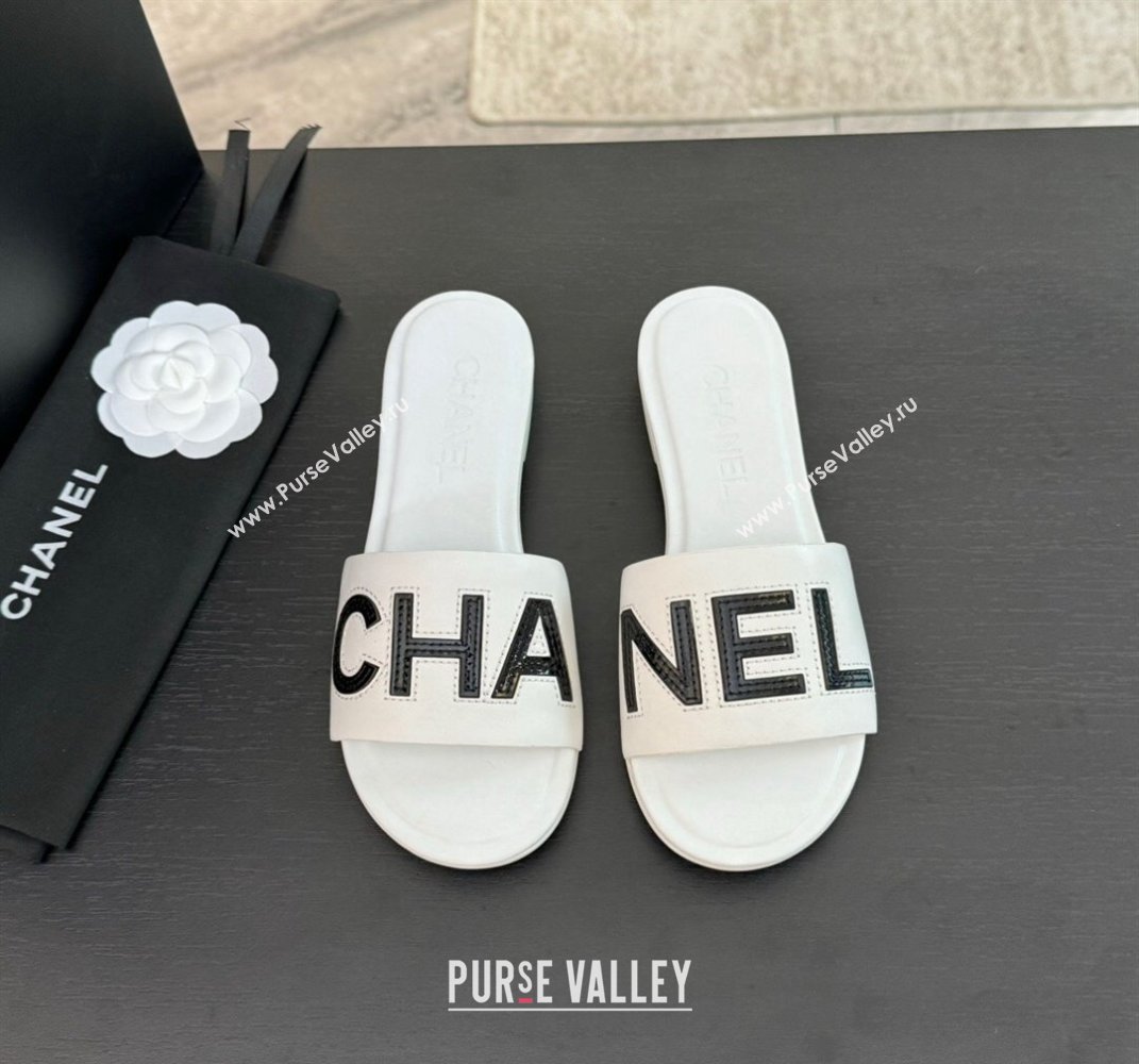 Chanel Calfskin Patent Flat Slides Sandal White 2024 0701 (SS-240701040)