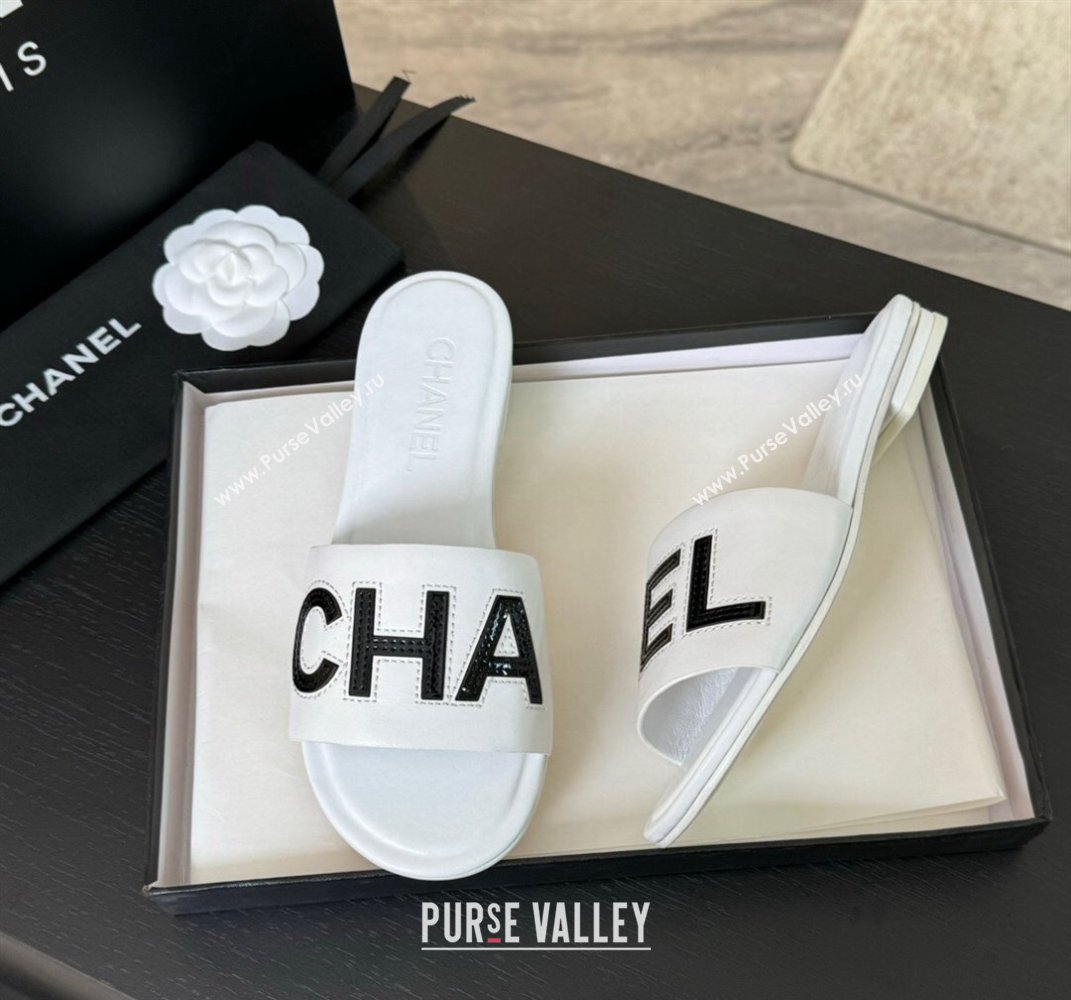 Chanel Calfskin Patent Flat Slides Sandal White 2024 0701 (SS-240701040)