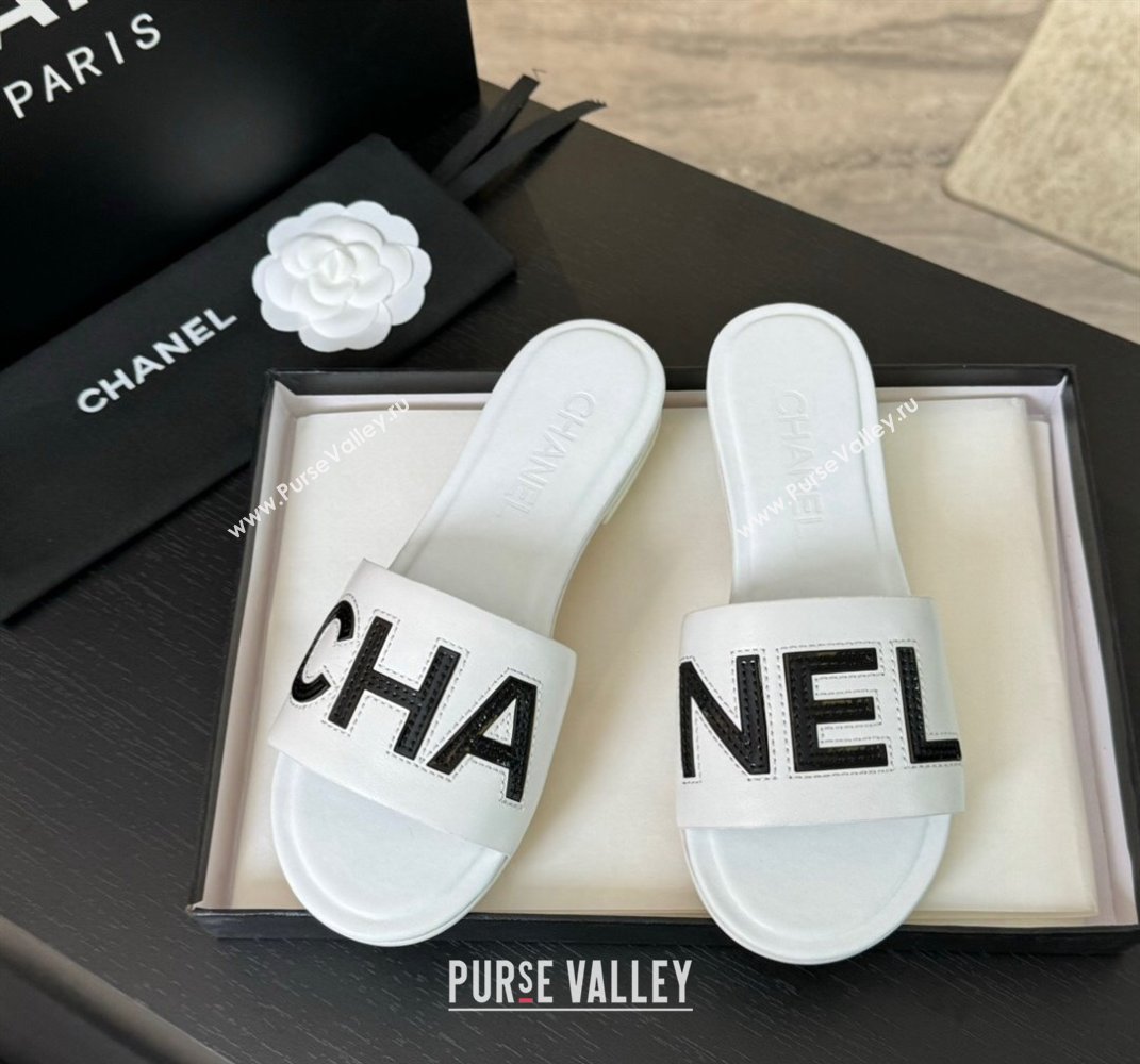 Chanel Calfskin Patent Flat Slides Sandal White 2024 0701 (SS-240701040)