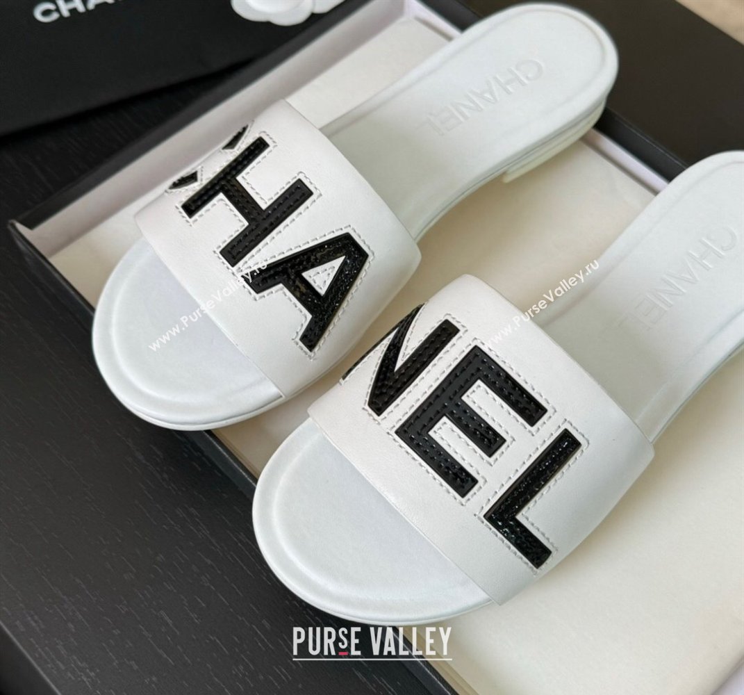 Chanel Calfskin Patent Flat Slides Sandal White 2024 0701 (SS-240701040)