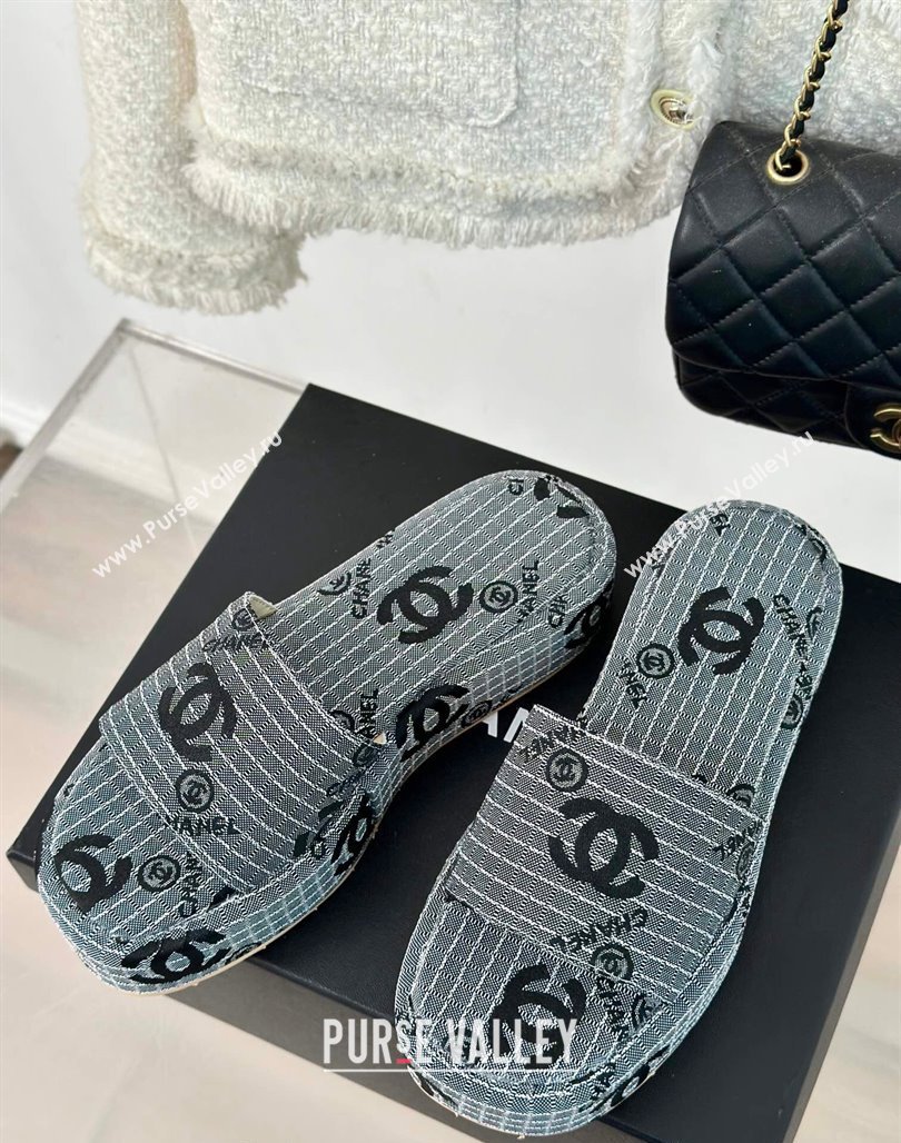 Chanel CC Canvas Platform Slides Sandal 4cm Grey 2024 0701 (KL-240701041)