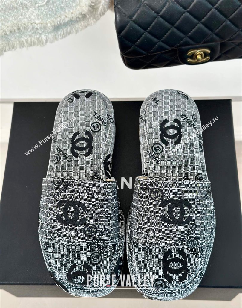 Chanel CC Canvas Platform Slides Sandal 4cm Grey 2024 0701 (KL-240701041)