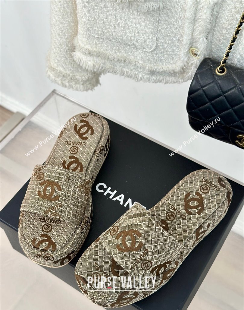 Chanel CC Canvas Platform Slides Sandal 4cm Beige 2024 0701 (KL-240701042)