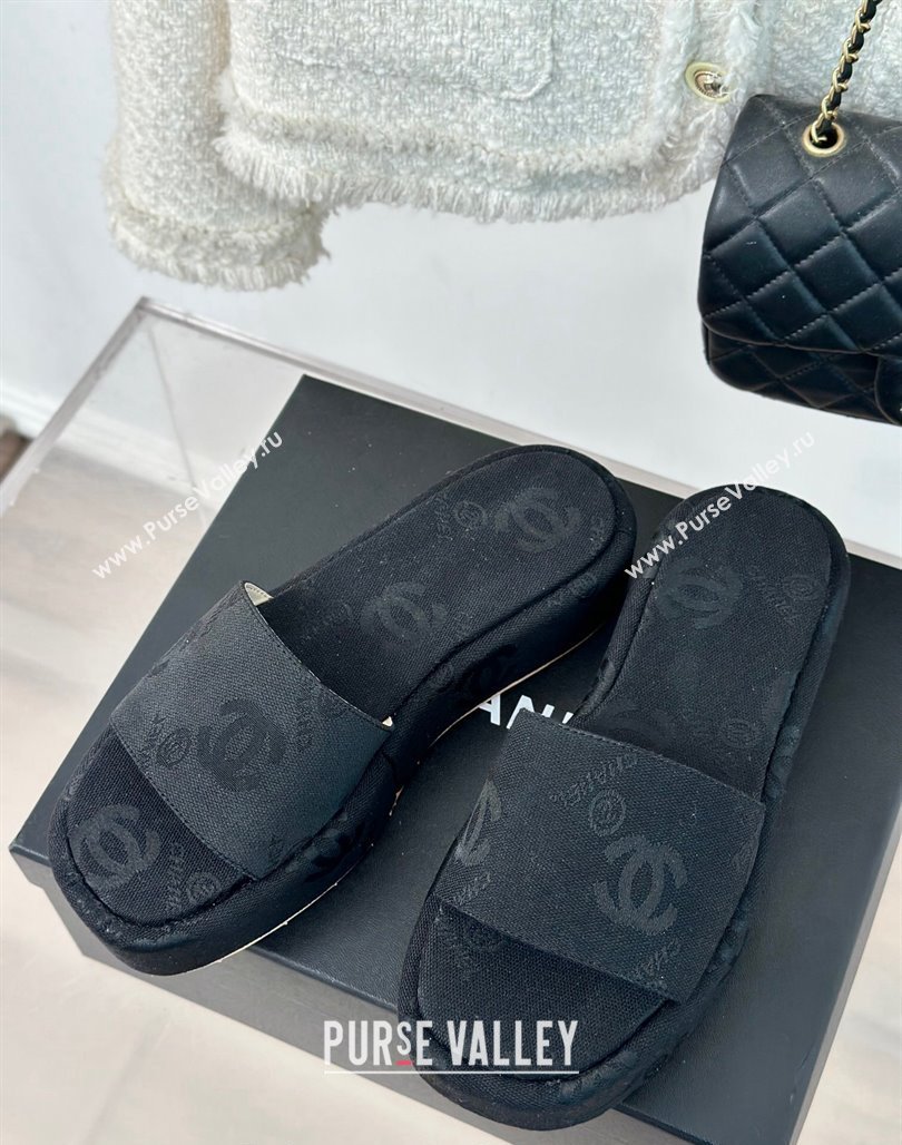 Chanel CC Canvas Platform Slides Sandal 4cm Black 2024 0701 (KL-240701043)