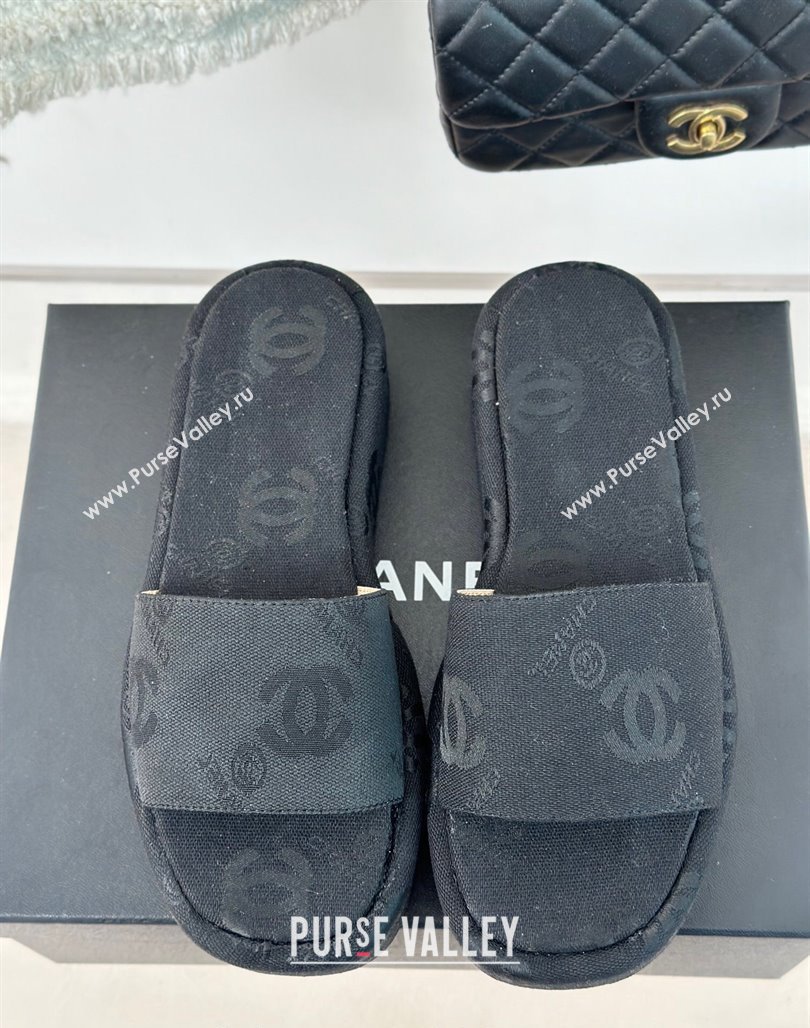 Chanel CC Canvas Platform Slides Sandal 4cm Black 2024 0701 (KL-240701043)