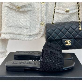 Chanel Crochet Flat Slides Sandal Black 2024 0701 (KL-240701046)