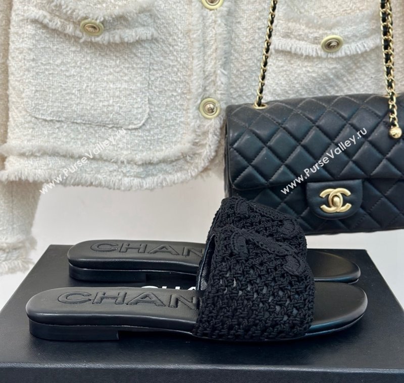 Chanel Crochet Flat Slides Sandal Black 2024 0701 (KL-240701046)