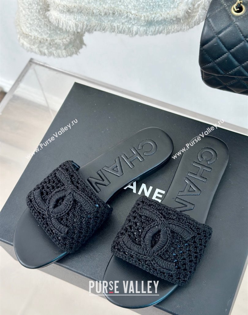 Chanel Crochet Flat Slides Sandal Black 2024 0701 (KL-240701046)