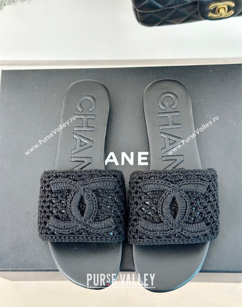 Chanel Crochet Flat Slides Sandal Black 2024 0701 (KL-240701046)