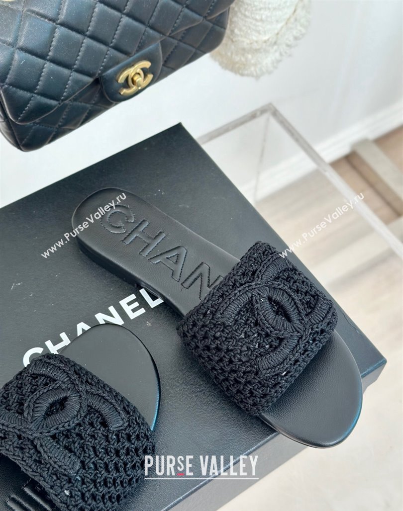 Chanel Crochet Flat Slides Sandal Black 2024 0701 (KL-240701046)