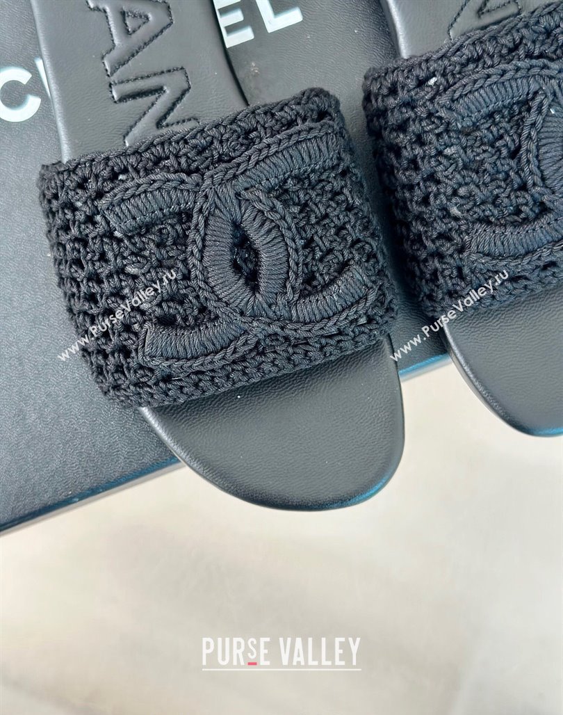 Chanel Crochet Flat Slides Sandal Black 2024 0701 (KL-240701046)