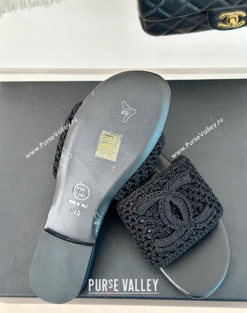 Chanel Crochet Flat Slides Sandal Black 2024 0701 (KL-240701046)