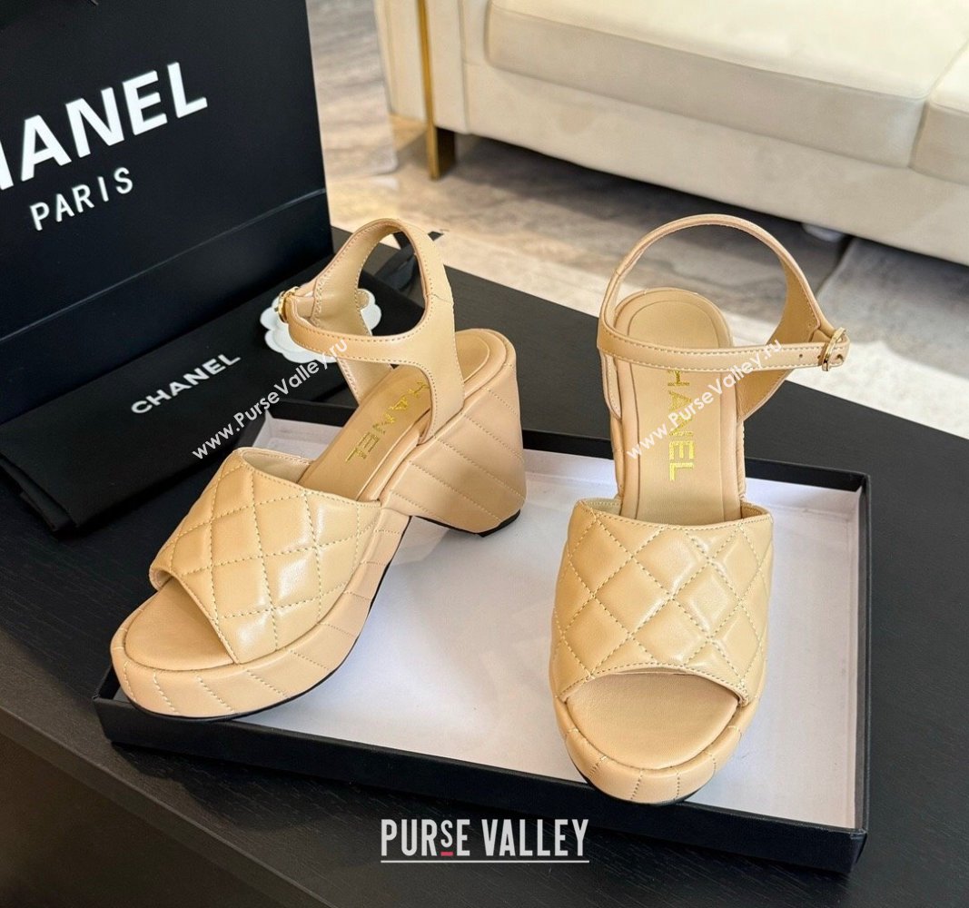 Chanel Quilted Lambskin Platform Sandals 8cm Beige 2024 0701 (MD-240701059)