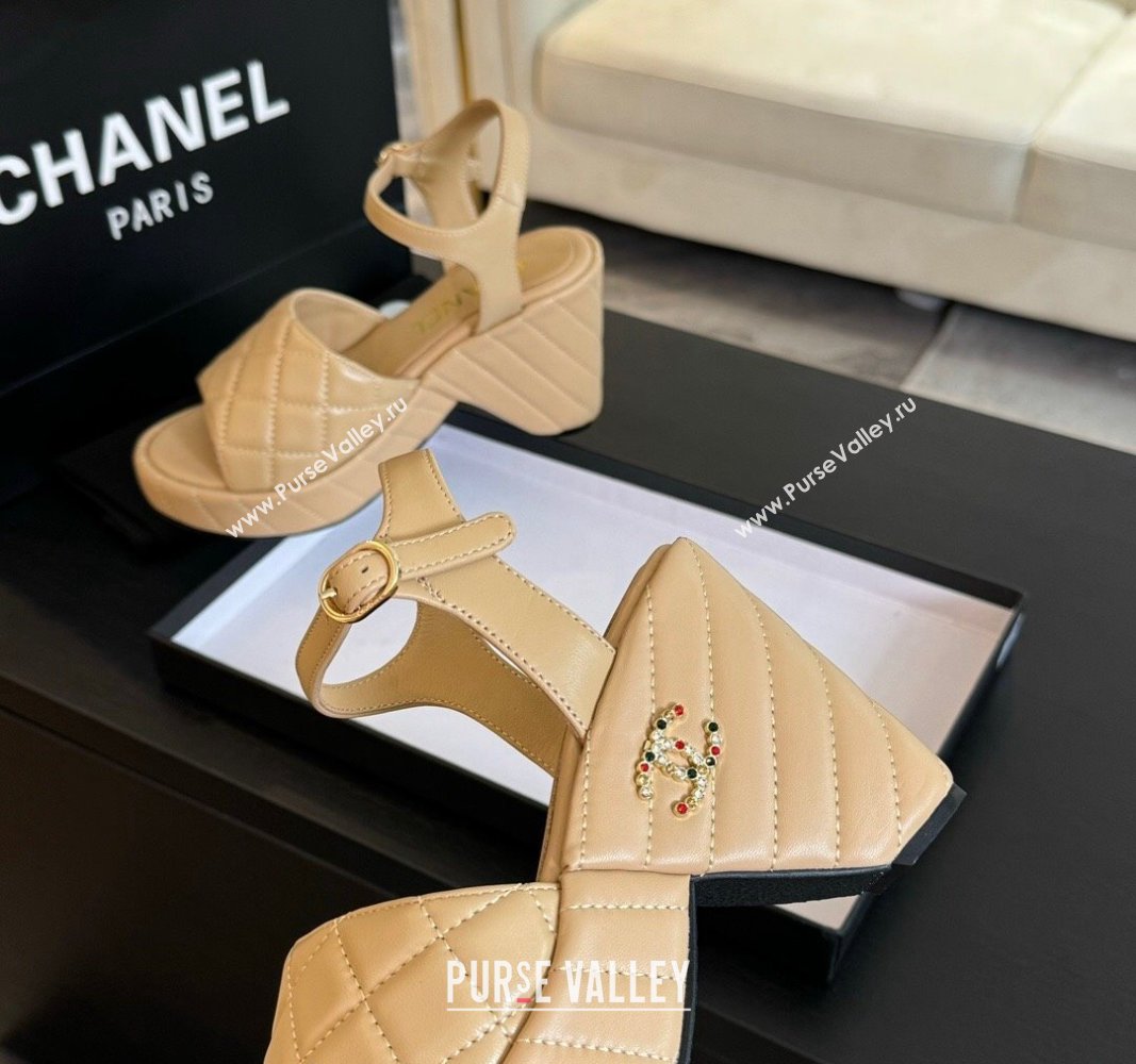 Chanel Quilted Lambskin Platform Sandals 8cm Beige 2024 0701 (MD-240701059)