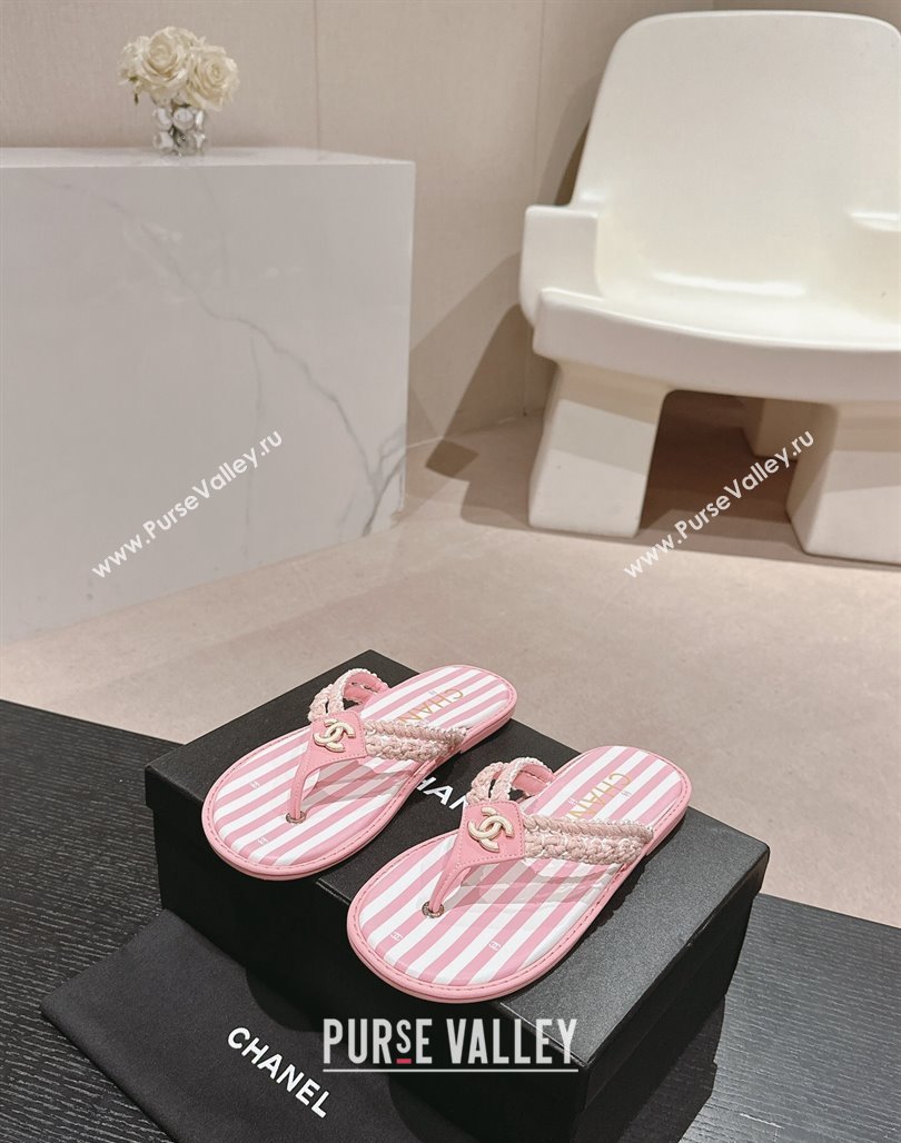 Chanel Striped Flat Thong Slides Sandal Pink/White 2024 0701 (MD-240701074)