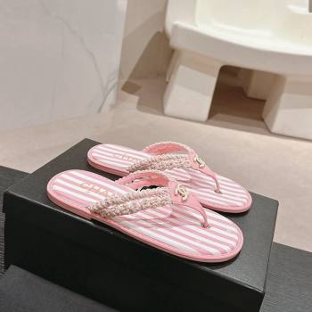 Chanel Striped Flat Thong Slides Sandal Pink/White 2024 0701 (MD-240701074)