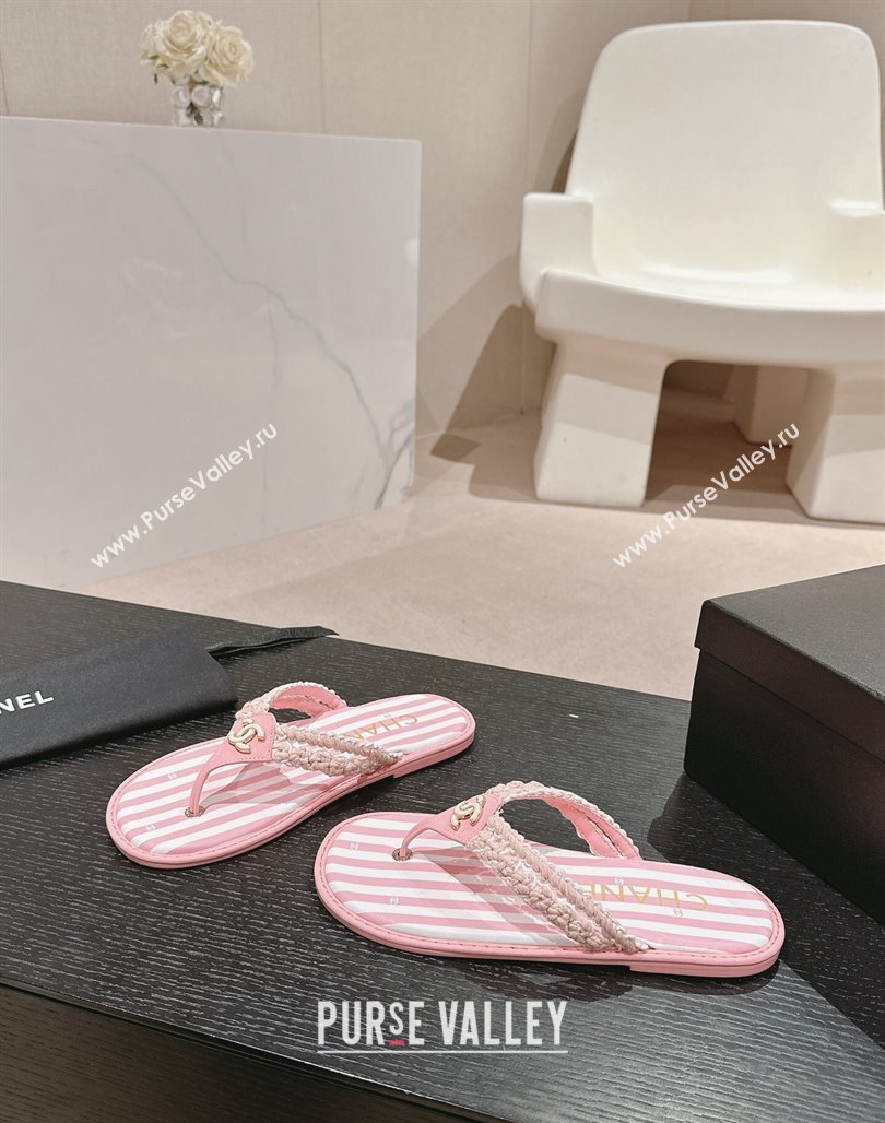 Chanel Striped Flat Thong Slides Sandal Pink/White 2024 0701 (MD-240701074)