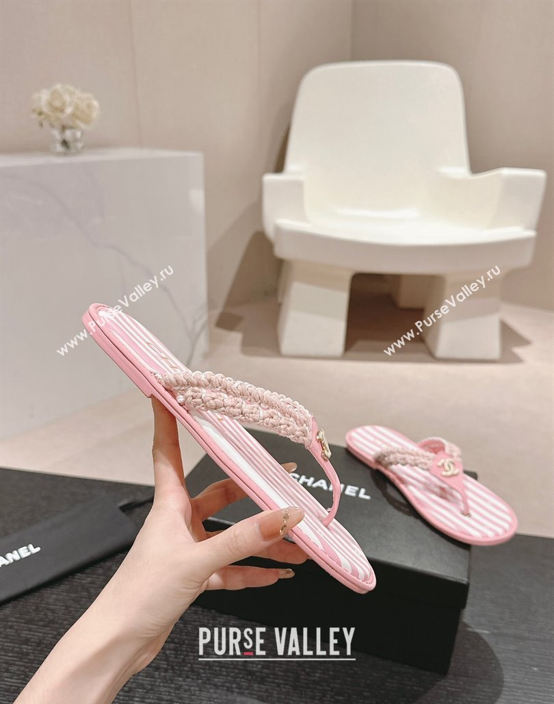 Chanel Striped Flat Thong Slides Sandal Pink/White 2024 0701 (MD-240701074)