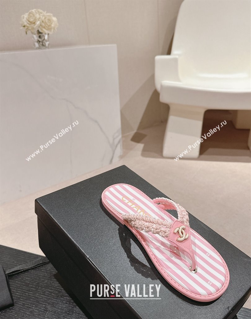 Chanel Striped Flat Thong Slides Sandal Pink/White 2024 0701 (MD-240701074)